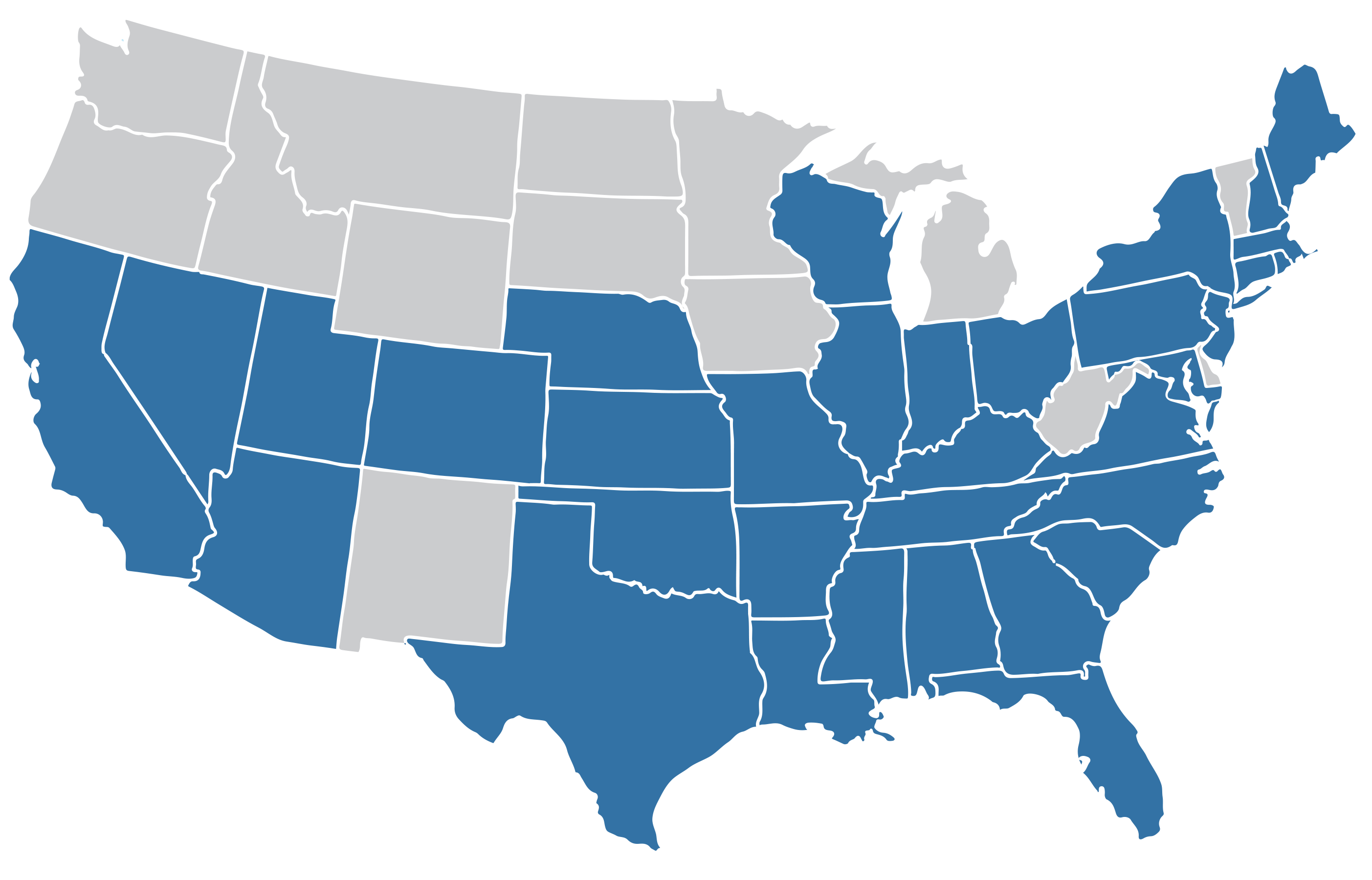 US map with states of Loris locations highlighted in blue